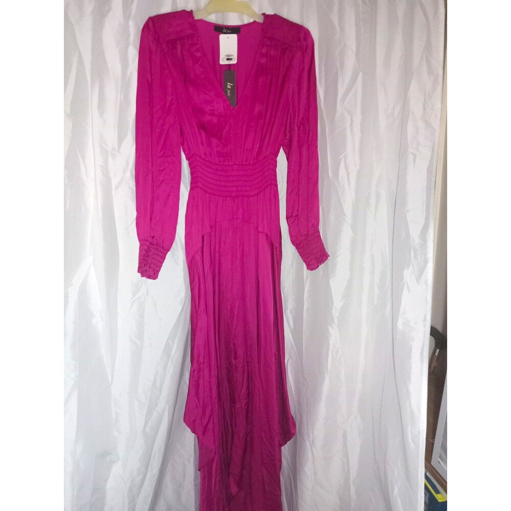 La Joie Women's Pink V-Neck Long Sleeve Smocked Woven Maxi Dress M Viscose